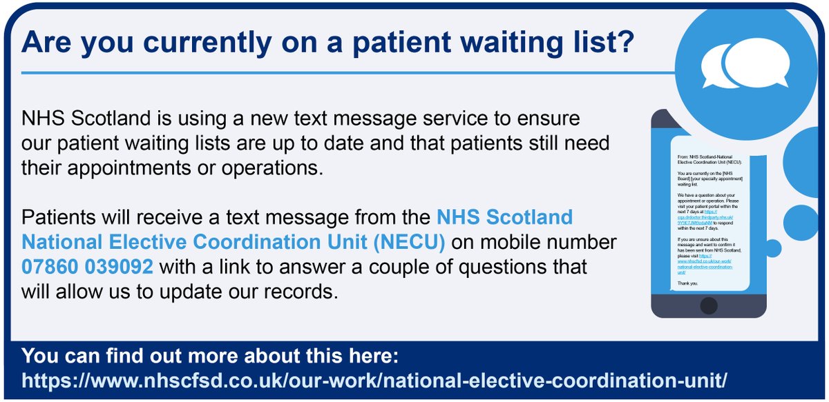 From today, Thursday 6 July, @NHSTayside patients on outpatient & inpatient lists will receive a text message from the NHS Scotland National Elective Coordination Unit with a link to answer some questions. Please do not ignore this message. Find out more👉tinyurl.com/NHSScot-NECU