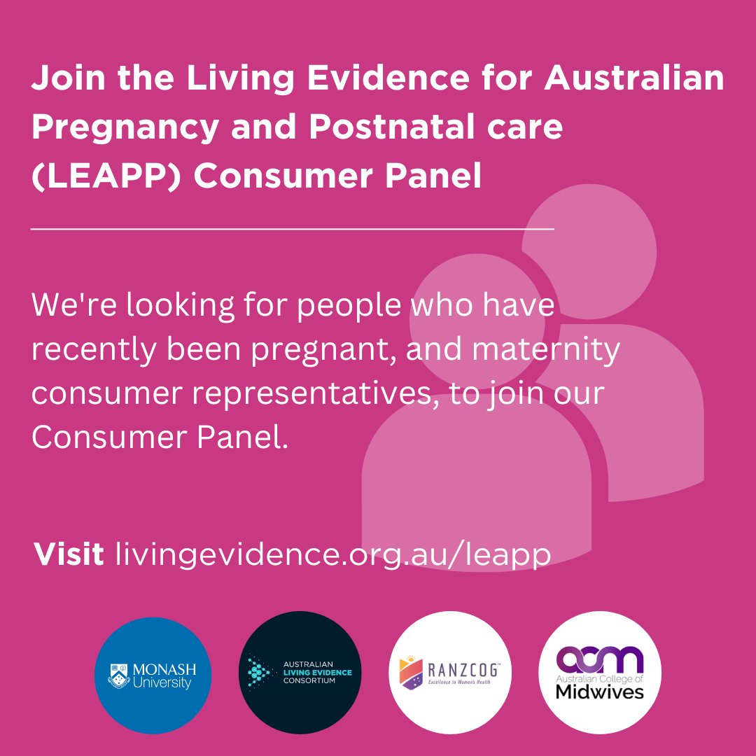 Do you have a recent experience of #pregnancy?  

We're after people from all walks of life who are keen to use their experiences before &amp; after #birth to help us improve health care. Experience as a maternal consumer rep is welcome but not essential.  

➡️livingevidence.org.au/leapp-consumer…