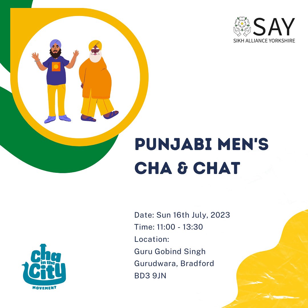 Join us for another instalment for our “Cha & Chat” Punjabi Men’s Peer Support Space at Bradford Gurudwara 💫🫖