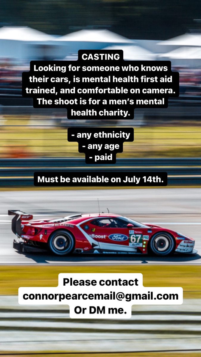 connor_pea's tweet photo. Looking for someone who knows their cars, is mental health first aid trained, and is comfortable on camera. Any ethnicity, any age. The shoot is for a men's mental health charity. Paid. Must be available on July 14th. Contact connorpearcemail@gmail.com #casting #castingcall https://t.co/wAKlYSPEge