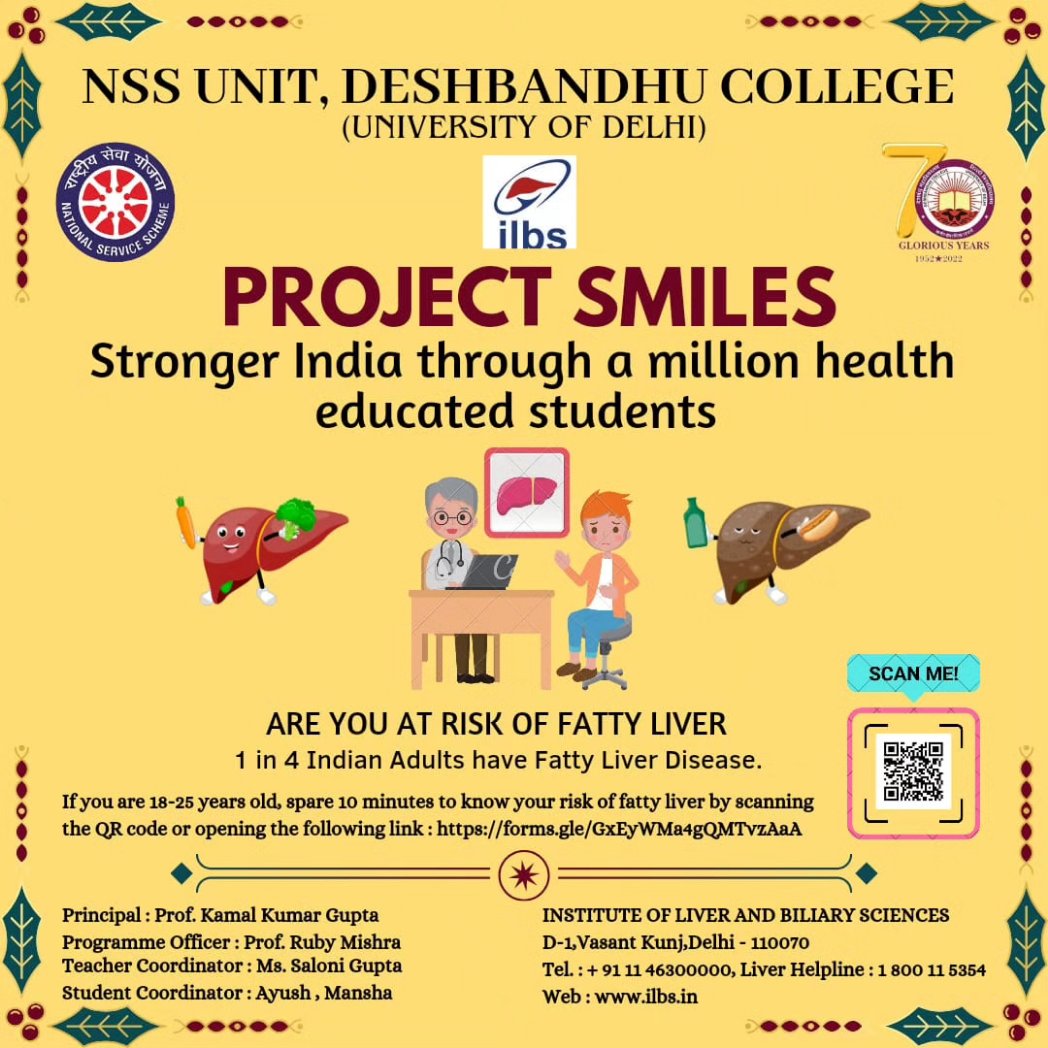 NssunitDbc's tweet photo. NSS Unit actively supports 'SMILES' project by Prof. S.K Sarin and team launched on World Liver Day  screening a million students for fatty liver risk factors. Let's make India healthier. Take the online self-assessment to know your risk through the link given below https://t.co/m1enUO9be5