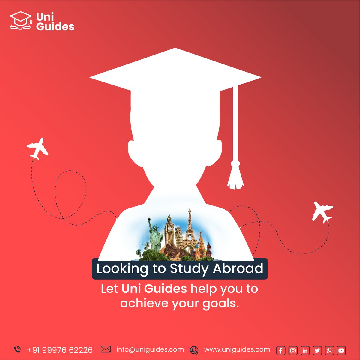 Looking to Study Abroad? 🎓
Let Uni Guides be your trusted partner in achieving your goals! With our expertise and personalized guidance, we'll help you navigate the exciting world of international education. 

📞 Call now: +91 99976 62226
#StudyAbroad #EducationConsultancy