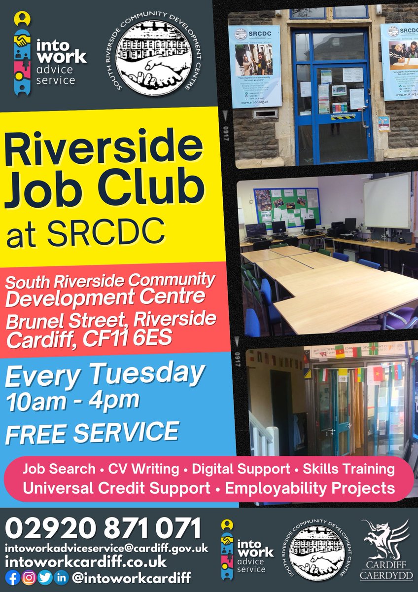 IntoWorkCardiff's tweet photo. Our Riverside Job Club is now running at @SRCDC_Cardiff (South Riverside Community Development Centre) every Tuesday from 10am – 4pm!
#cardiffjobs #jobclub #SRCDC #intowork https://t.co/t3qtCzTmuX
