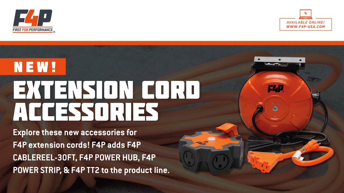 F4P extension cords now come with new accessories!
The F4P product line now includes F4P CABLEREEL-30FT, F4P POWER HUB, F4P POWER STRIP, and F4P TT2.

Now available at your local <a href="/cityelectricusa/">City Electric Supply</a>. 📍
