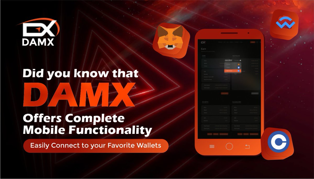 DmxDao's tweet photo. Did you know that #DAMX offers complete mobile functionality👀 

Easily connect to your favorite wallets like  @MetaMask,   @Trustwallet,  @CoinbaseWallet,  and  @WalletConnect  to trade or earn  #RealYield.   

Click:    https://t.co/tMetgJ1O3B to get started   

#Fantom #FTM #DEX #Metamask #CoinbaseWallet