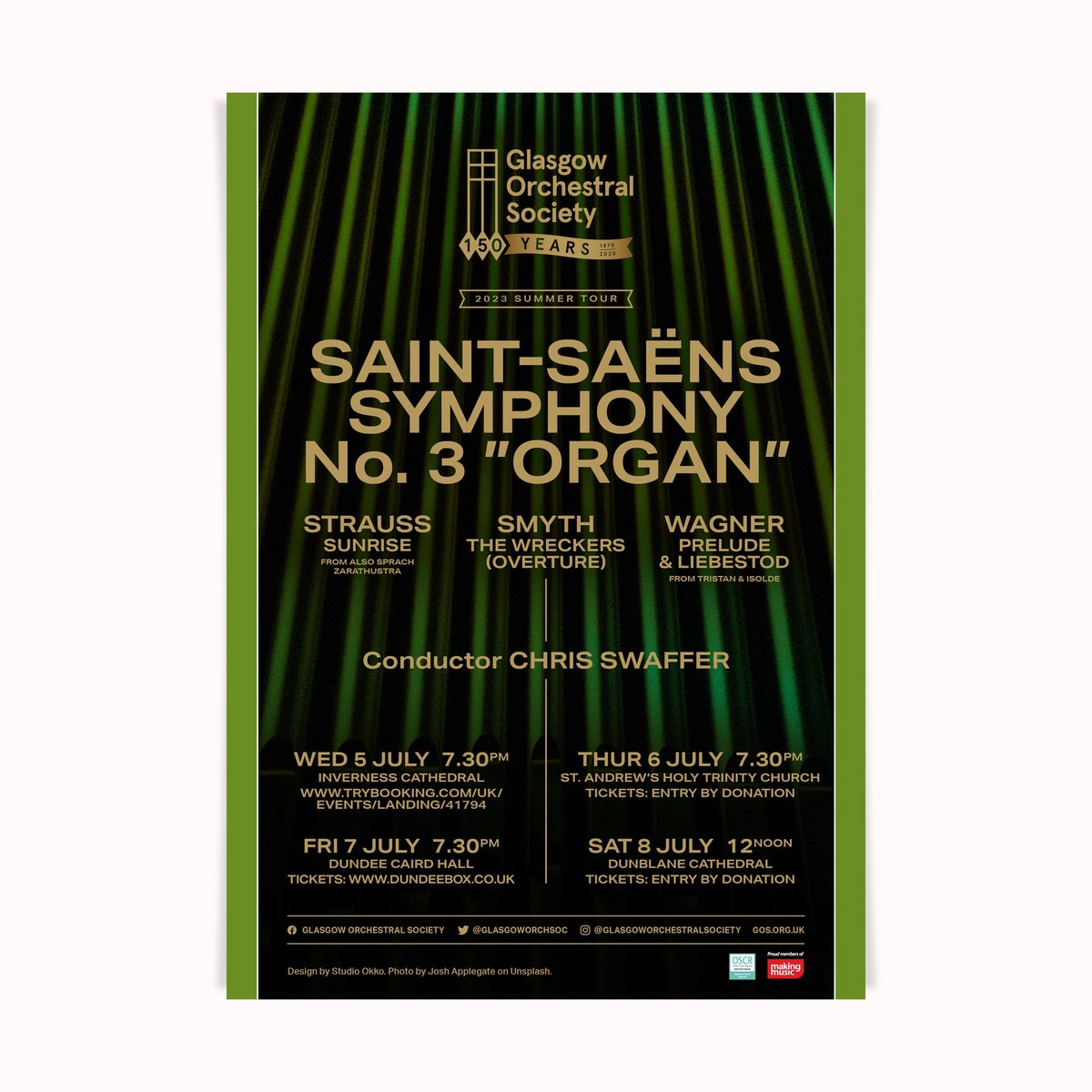 studiookko's tweet photo. Recent work for @GlasgowOrchSoc ’s Summer Tour.
Headline piece is Saint-Saëns Symphony No. 3 “Organ”. Performed in multiple venues, on different instruments, with different soloists.
Four concerts in four days.
.
Inverness > St. Andrews > Dundee > Dunblane
.
🚌💨✨ https://t.co/nP3Sxhbrvj