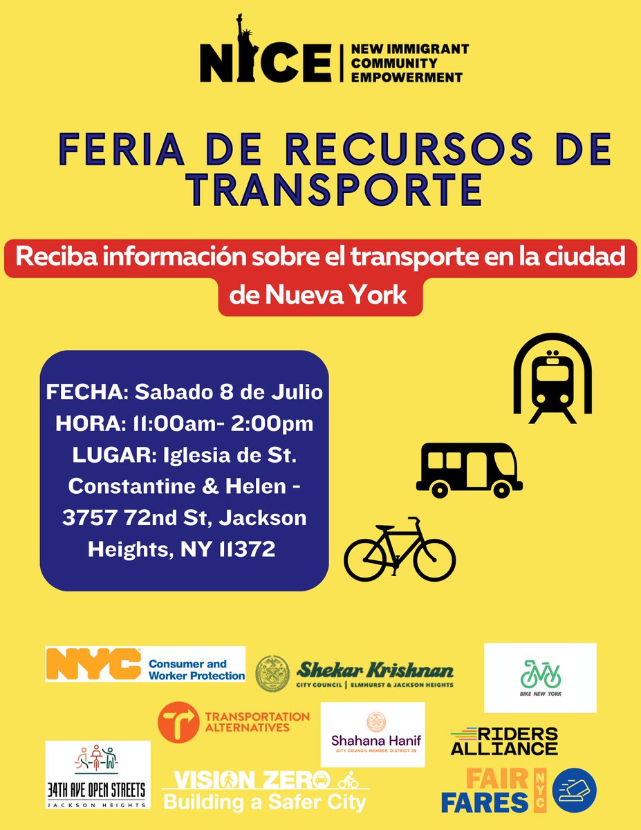 NICE4Workers's tweet photo. #Transportation is an essential tool for all immigrant workers. Join @NICE4Workers, @NYCImmigrants, @NYC_DOT , @bikenewyork, @TransAlt,  @34_ave, @RidersAlliance  &amp; other community members in the #transportation Resource Fair for Immigrant Workers in #JacksonHeights. https://t.co/Ci6nwoPKj8