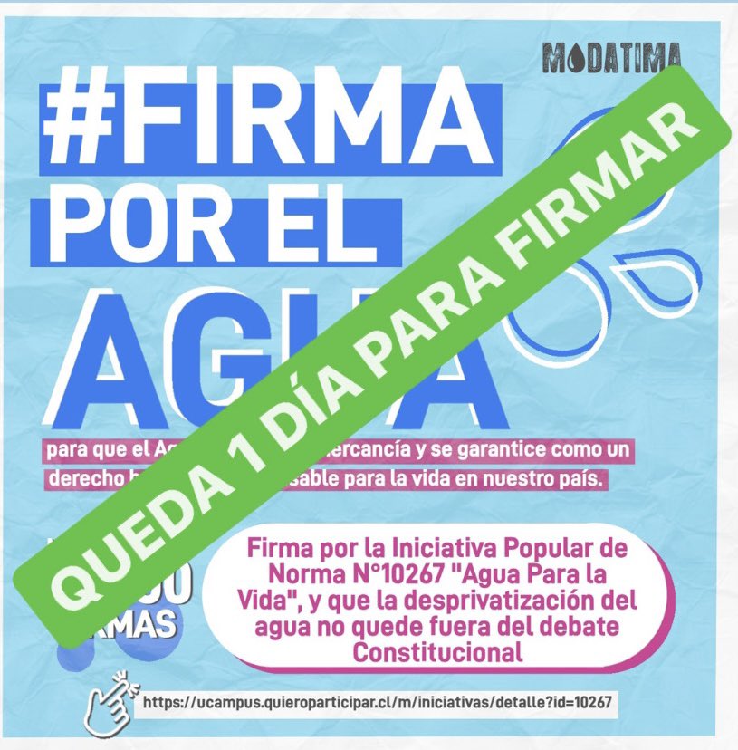 modatima_cl's tweet photo. #FelizJueves QUEDA 1 DÍA PARA #FirmaXElAgua! 💦
Te invitamos a  apoyar la  Iniciativa Popular de Norma N°10267  #aguaparalavida  El plazo es hasta el 7 de julio para juntar 10.000 firmas, por eso es imprescindible tu apoyo y difusión. Firma en
https://t.co/STgtdYvd0l 
#DDHH https://t.co/j6iCNF2EyN
