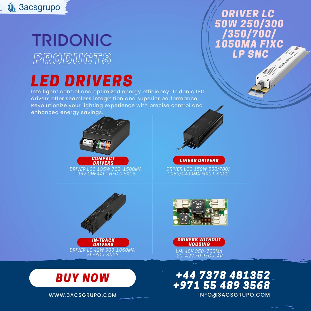 Discover the power of Tridonic LED drivers for superior lighting control. Visit our Facebook, YouTube, Instagram, and Pinterest for more. Contact us at +44 7378 481352 or info@3acsgrupo.com. #Tridonic #LEDDrivers #LightingSolutions