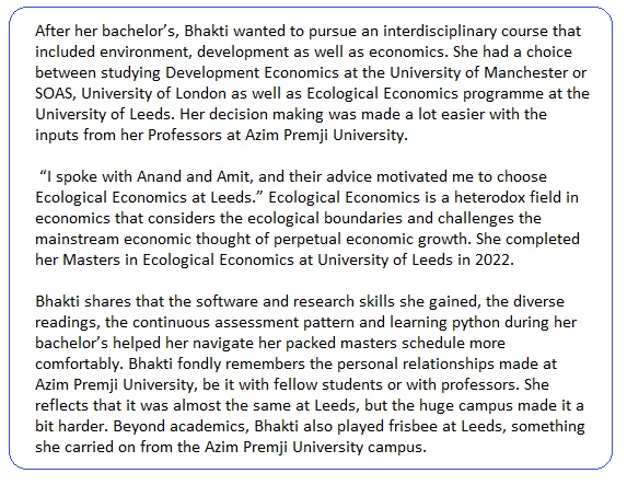 azimpremjiuniv's tweet photo. #AlumniFeature
Bhakti Kelkar BA Economics 2018-21, is a Research Associate at Prayas, a non-profit organization based in Pune. She studied Economics with a minor in Sustainability and Development at @azimpremjiuniv
#AzimPremjiUniv_Alumni https://t.co/4e0a1c32Rk