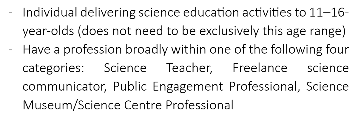 Hi #scicomm twitter! I am an MSc student at UoM and I’m writing a research project on #sciencecapital and how it’s used in #scienceeducation. If you meet the below criteria and would be willing to do a 1.5h interview, please DM me your email for more info. Please RT/Share!