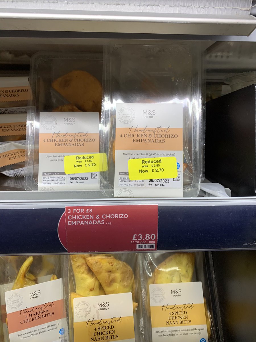 I was in #M&amp;S and noticed a reduced offer on chicken and chorizo empanadas. Individually priced at £2.70, three for £8.10.  
Buy three without discount and price is £8.00.
Is this offer of a discount sharp practice or relying on customer confusion.
What would <a href="/MartinSLewis/">Martin Lewis</a> say.