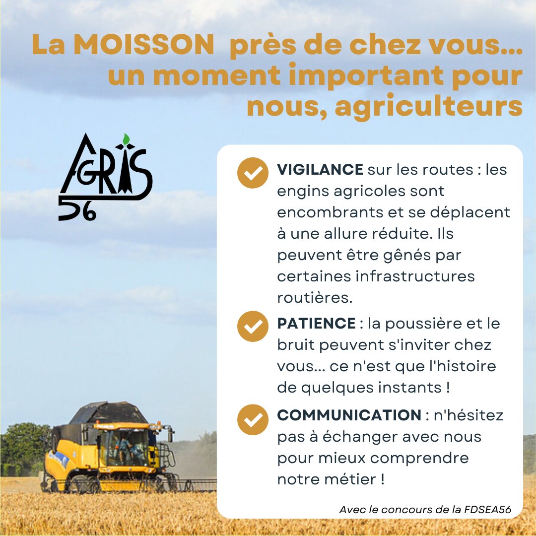 FDSEA56's tweet photo. #Moissons #Morbihan... Moment important pour les agris. Elles vont s'échelonner sur Juillet.
Sachons vivre ensemble pdt cette période charnière pour #agriculture morbihannaise. @MaLuherne56 @FranckPellerin @breizhfarmer @menierjeanrene  @FNSEA @JAMORBIHAN https://t.co/60psz9O8I9