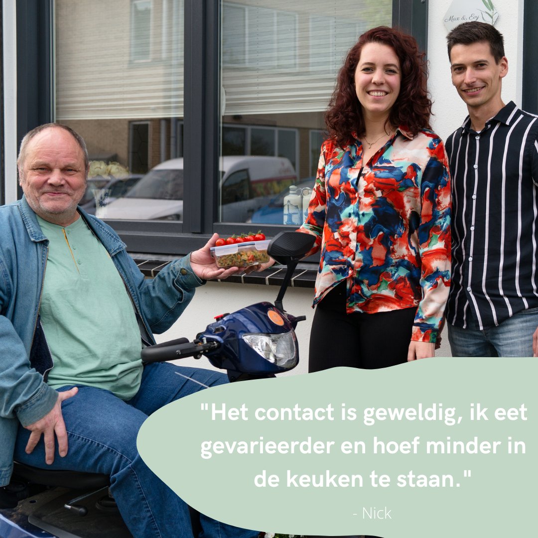 #Deelverhaal
Nick is slecht ter been waardoor zelf koken lastig is. Zijn buurman tipte hem eten van een buurtgenoot via Stichting #Thuisgekookt. Inmiddels geniet hij al een jaar van de maaltijden van thuiskoks Evy &amp; Max 🥳 Lees hun hele verhaal hier: thuisgekookt.nl/deelverhalen/e…