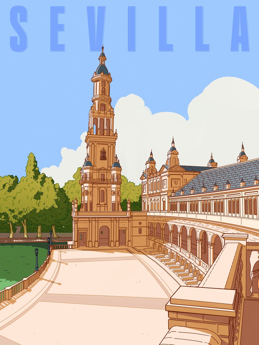 I've been chipping a away at this one for a while 😅. My most architectural piece in a while. One of the big landmarks in Seville, Plaza de España! #illustration