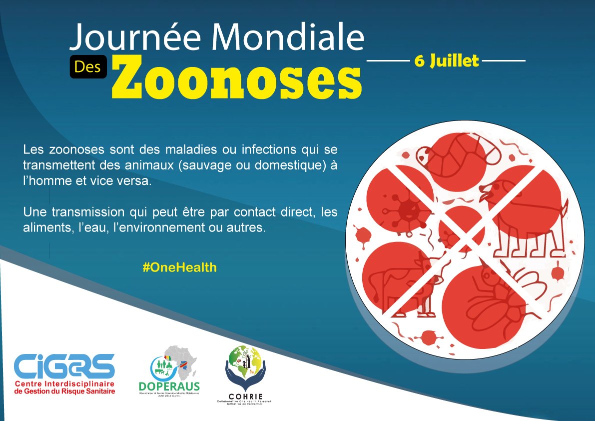 CIGERSOfficiel's tweet photo. juillet : Journée Mondiale des zoonoses.
Les zoonoses sont des maladies ou infections qui se transmettent des animaux à l'homme et vice versa.
#onehealth
@COHRIE_uO 
@JustinMasumu https://t.co/wMoOShtEEY