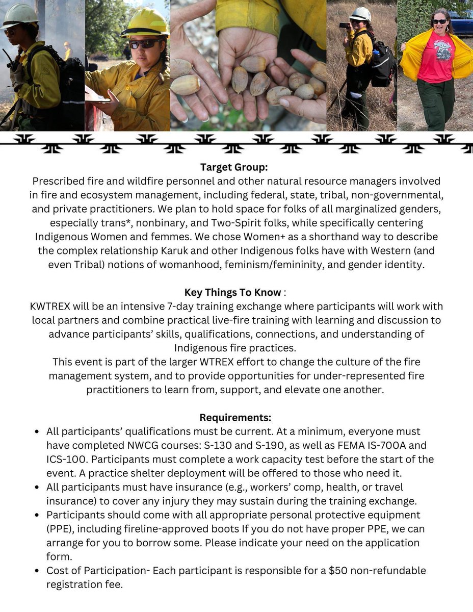 CulturalFire's tweet photo. Applications are open for the 2023 Karuk Indigenous Womens+ TREX (KWTREX)!!! The event is 1 week this year from October 8th-14th, and is centered out of Orleans, CA in Karuk Territory. Applications are open until July 17, and can be found at this link: https://t.co/qbmtOO6Ren https://t.co/TrbhMmQGdY