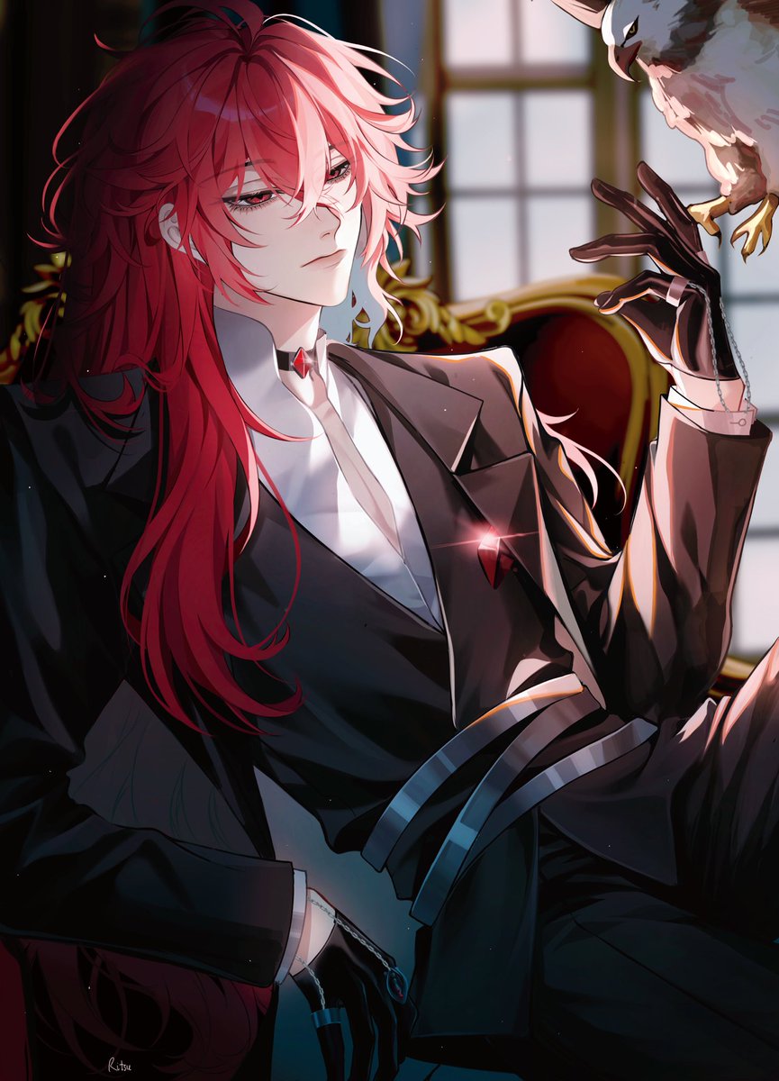 diluc (genshin impact) male focus long hair red hair 1boy gloves red eyes shirt  illustration images