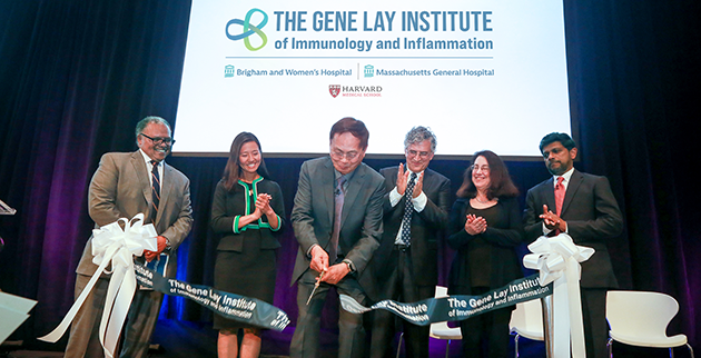 L-R: Robert S.D. Higgins, MD, MSHA, City of Boston Mayor Michelle Wu, Gene Lay, MS, DVM, Vijay Kuchroo, DVM, PhD, Arlene Sharpe, MD, PhD, and Ramnik Xavier, MD, PhD