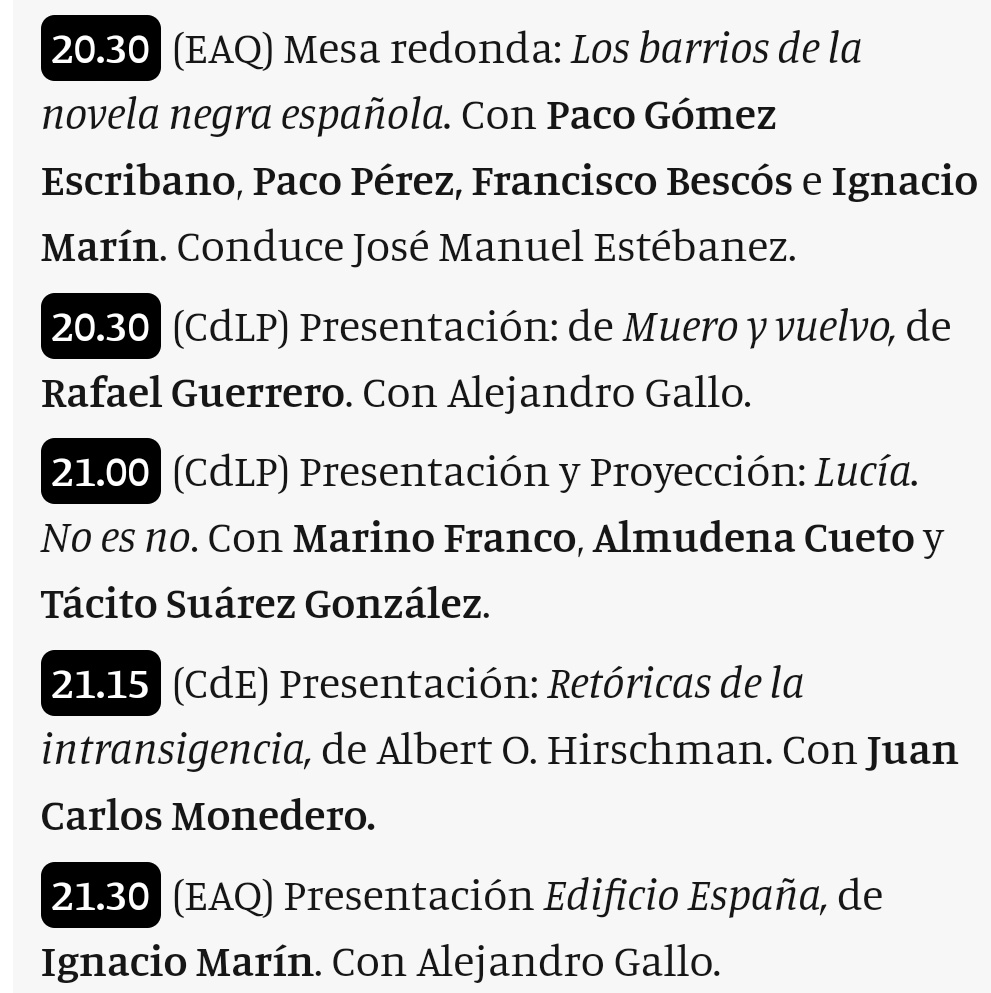 📢 ¡Arranca la <a href="/snegra/">Semana Negra Gijón</a>! Una cita imprescindible en estos tiempos tan difíciles para la cultura 📖

🗓️ Este domingo estaré en Gijón presentando "Edificio España" a las 21.30 y en la mesa redonda "Los barrios de la novela negra española" a las 20.30 con mi compañero <a href="/PacoPerezRamos/">Paco Pérez</a>