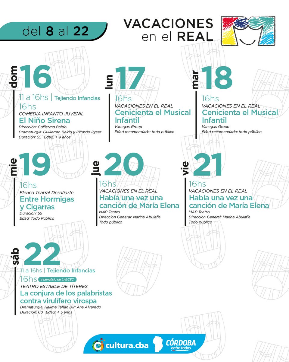 #Real2023 
#VacacionesEnElReal 
🤩🤩🤩🤩🤩

Aqui todas las obras que te ofrecemos en estas vacaciones de invierno.
Muchas propuestas de distintos elencos. 
🏷 Las entradas ya estan disponibles en boleteria del teatro o autoentrada.com. 

<a href="/AgCbaCultura/">Cultura CBA</a>