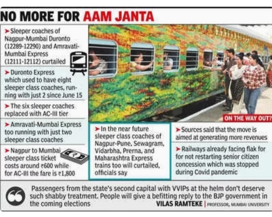 <a href="/railminindia/">Ministry of Railways</a>  8 sleeper coaches at 12111/12112 Amravati Express which is reduced to 2 SL Coaches &amp; 3A coaches increased to 10 instead of 4 earlier. 
<a href="/AshwiniVaishnaw/">Ashwini Vaishnaw</a>  Request you to restore the same to take care of middle class passanger travelling on this route.