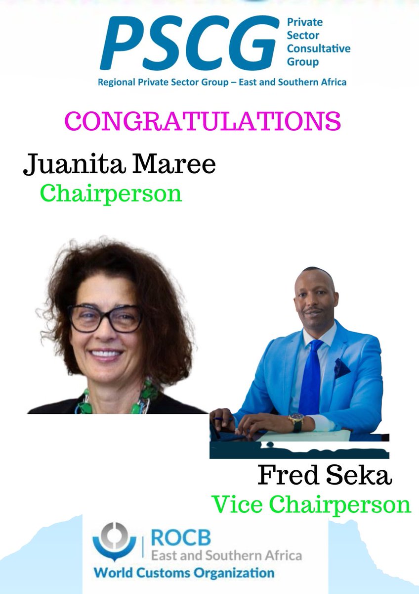 wcoesarocb's tweet photo. The ESA Regional Private Sector Group (PSCG) held their elections this afternoon and voted Juanita Maree (South Africa) as their Chairperson and Fred Seka (Rwanda) as the Vice Chairperson.

#PSCG #SouthAfrica #Rwanda #PSCGelections https://t.co/Emyw9bt1fW