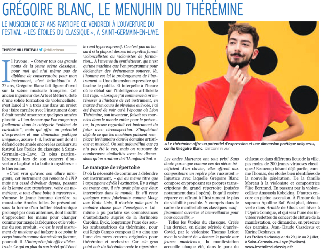 Arts&Métiers Alumni (@am_alumni) on Twitter photo Le thérémine est un instrument de musique électronique se joue sans contact. Grégoire Blanc (An 215), qui compte parmi les rares musiciens du thérémine, vous raconte sa passion pour cet instrument mis à l'honneur au festival <a href="/etoileclassique/">Les Étoiles du Classique</a>
Site internet gregoireblanc.com Le thérémine est un instrument de musique électronique se joue sans contact. Grégoire Blanc (An 215), qui compte parmi les rares musiciens du thérémine, vous raconte sa passion pour cet instrument mis à l'honneur au festival <a href="/etoileclassique/">Les Étoiles du Classique</a>
Site internet gregoireblanc.com