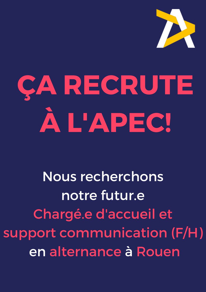 ApecNormandie's tweet photo. L'#Apec #Normandie recherche un.e chargé.e d’accueil et support communication en #alternance pour renforcer son équipe de choc !
Pour plus de détails 👉https://t.co/Vc38asQWfs
Intéressé.e ? Merci de transmettre votre candidature à jeryleen.lendormy@apec.fr
#offreapec #rouen https://t.co/GRYX1YpKJC