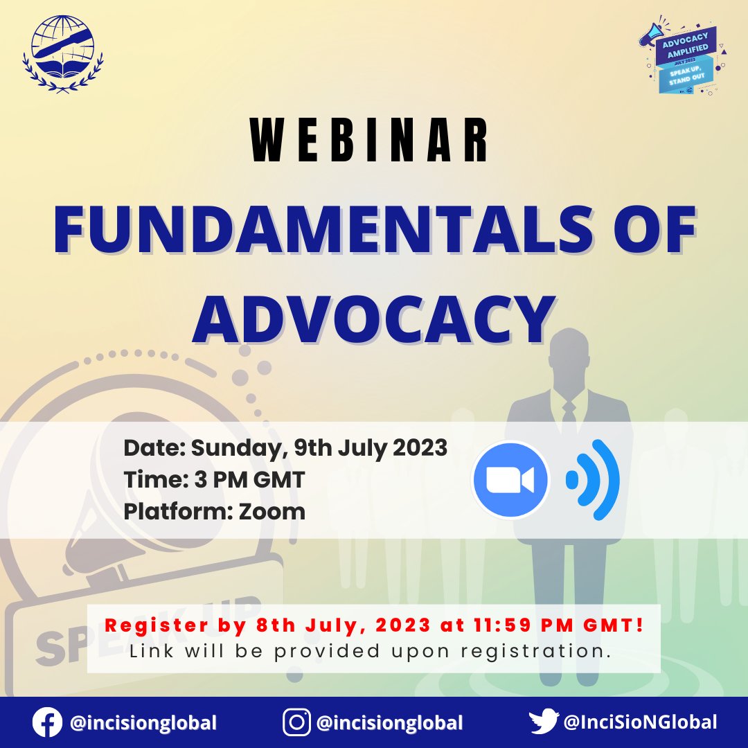 InciSioNGlobal's tweet photo. 📢 Join us for the first #AASS webinar on "Fundamental of Advocacy".

Empower yourselves with the skills and knowledge to make a difference through advocacy. 🗣️💪

Date: Sunday, 9th July 2023
Time: 3 PM GMT
Platform: Zoom

🔗 Register at https://t.co/Lm0nVFJR9N

#TheFutureOfTheOR https://t.co/JlQH2Wzc2y