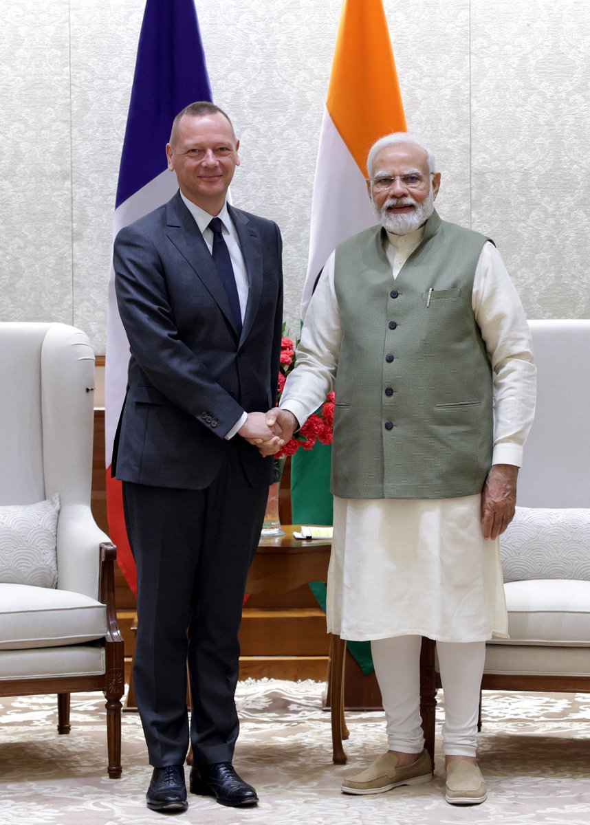 narendramodi's tweet photo. Pleased to receive Mr. Emmanuel Bonne, Diplomatic Advisor to President @EmmanuelMacron. Looking forward to meeting with my friend President Macron in Paris on Bastille Day. The India-France Strategic Partnership holds great significance for global good. https://t.co/0oI4OIYUYz