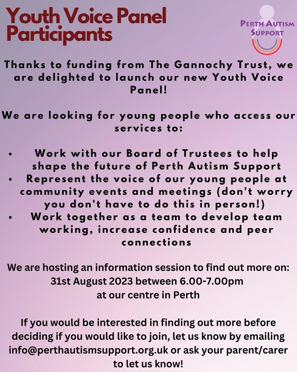 Thanks to funding from @GannochyTrust we are launching a new opportunity for our young people to get involved with developing services at PAS but to be the voice of our young people at a range of events! 👏 Email us at info@perthautismsupport.org.uk to book your place