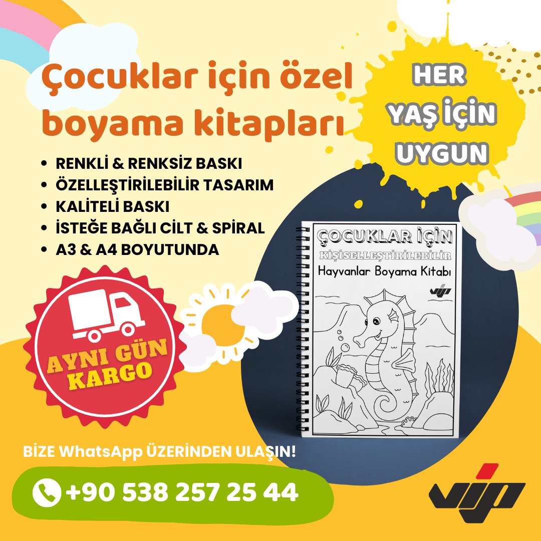 Detaylı bilgi ve sipariş için bizi arayabilir veya web sitemizi ziyaret edebilirsiniz. 🌐 

#VIPDijitalBaskıMerkezi #ÇocukBoyamaKitapları #RenkliDünya #EğlenceVeÖğrenme #HayalGücünüRenklendir #ElBeceriGelişimi #ÇocukEtkinlikleri #KaliteliBaskılar #VIPDijitalBaskı