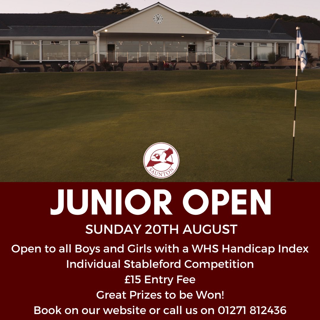 🔈 Calling all Juniors 🔈

Join us for this year’s Junior Open on Sunday 20th August 🗓️ 

Enter online on our website now - £15 per person

There are great prizes to be won!

For more info, please feel free to call us on 01271 812436 📞

We hope to see you in August 🤝