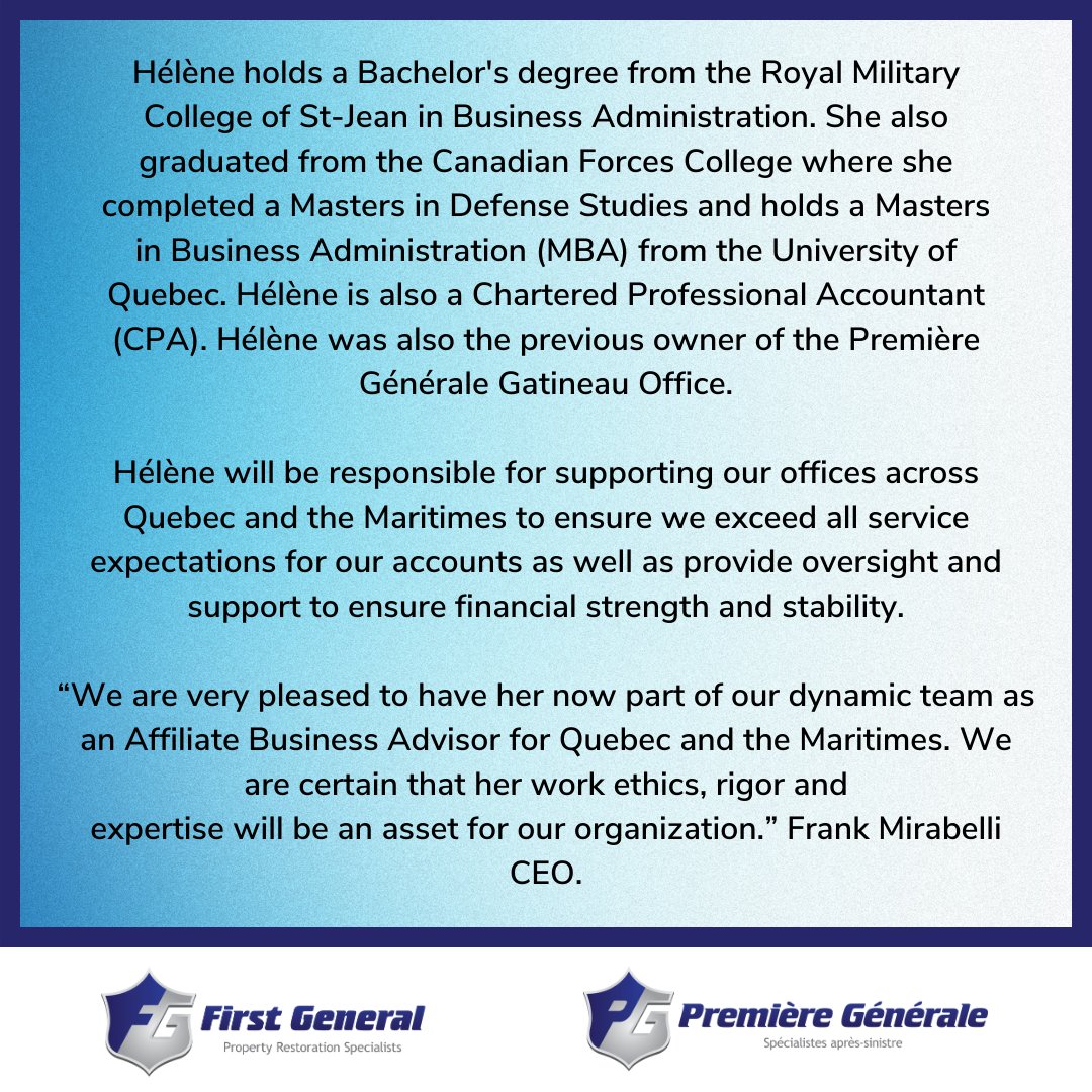 FGSNA's tweet photo. We are pleased to announce the appointment of Hélène Martel as First General Business Advisor for Quebec and Atlantic Canada!
#FirstGeneral #RestorationExpert #Leadership #ServiceExcellence #BusinessAdvisor https://t.co/GvDxMg2mZ3