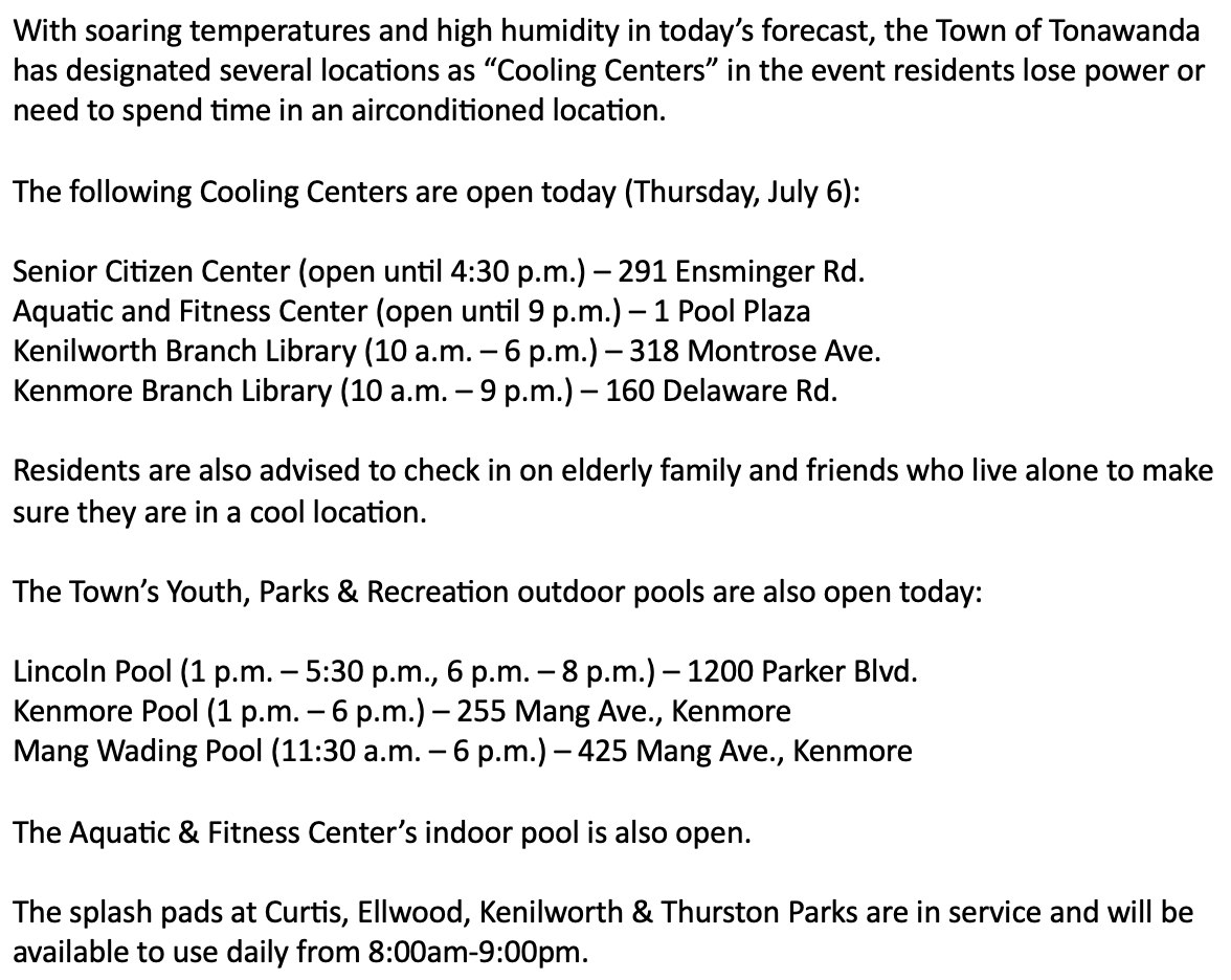 TownofTonawanda's tweet photo. 𝐓𝐨𝐰𝐧 𝐨𝐟 𝐓𝐨𝐧𝐚𝐰𝐚𝐧𝐝𝐚 𝐎𝐩𝐞𝐧𝐬 “𝐂𝐨𝐨𝐥𝐢𝐧𝐠 𝐂𝐞𝐧𝐭𝐞𝐫𝐬” https://t.co/aVBw2deHRt