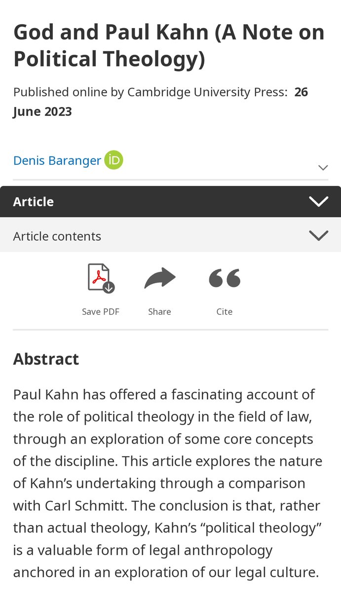 Denis Baranger contrasts the political theology of Carl Schmitt&amp;Paul Kahn concluding that while Schmitt based his project on a restoration of metaphysics, Kahn’s work is more accurately read and appreciated not as theology but as philosophical anthropology
cambridge.org/core/journals/…