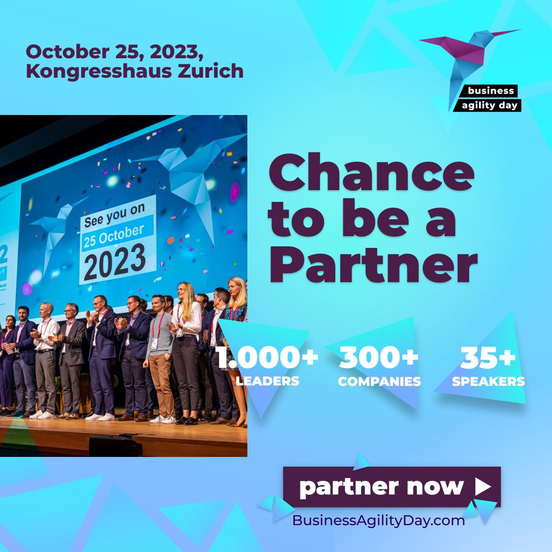 Shape the Future, Seize New Opportunities! 🚀  
Ignite your organization's potential at Business Agility Day 2023 as a Partner. 

Explore our Partner Packages now and lead the change in agility!  
👉  bit.ly/3pJQuqB
#BusinessAgilityDay #PartnerOpportunity #JoinUs