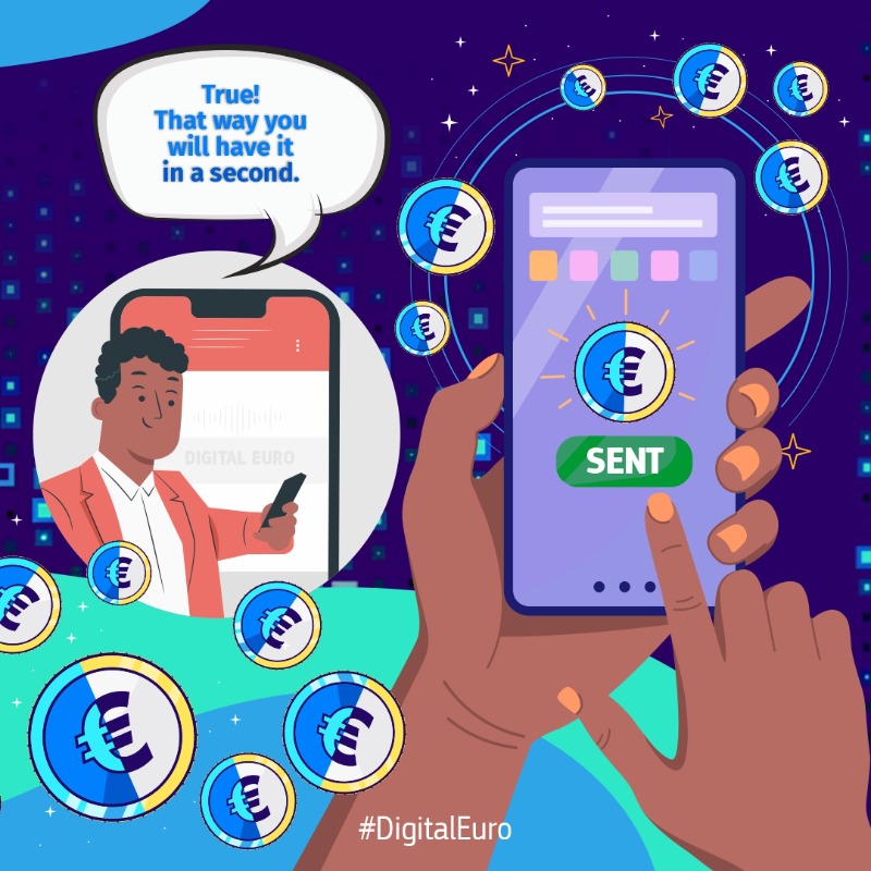 ecfin's tweet photo. What would be the benefits of the #DigitalEuro?
💶 With the digital euro you would be able to send cash in the euro area with just one click!
🔐 While your data & privacy would be fully protected
Swipe left to learn more!