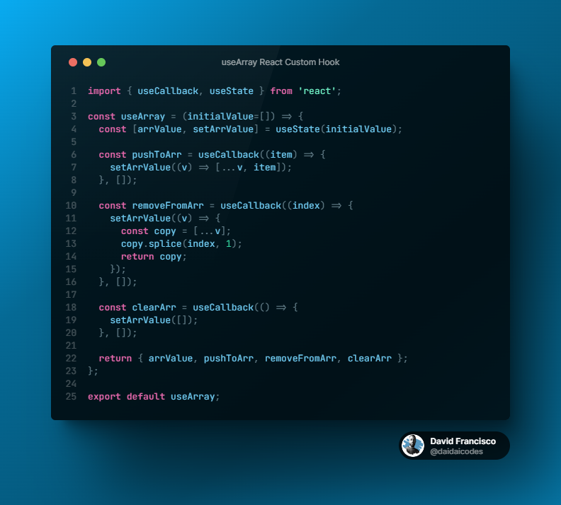 daidaicodes's tweet photo. π£ React Custom Hooks Series: useArray π£
A useArray custom hook is a powerful tool that lets you manipulate an array data structure without needing extra utilities.
#ReactJS #CustomHooks #juniordeveloper #juniordev #reactjsdevelopers #100DaysOfCode #javascript #webdev #Coding https://t.co/jAJOiIHbxW