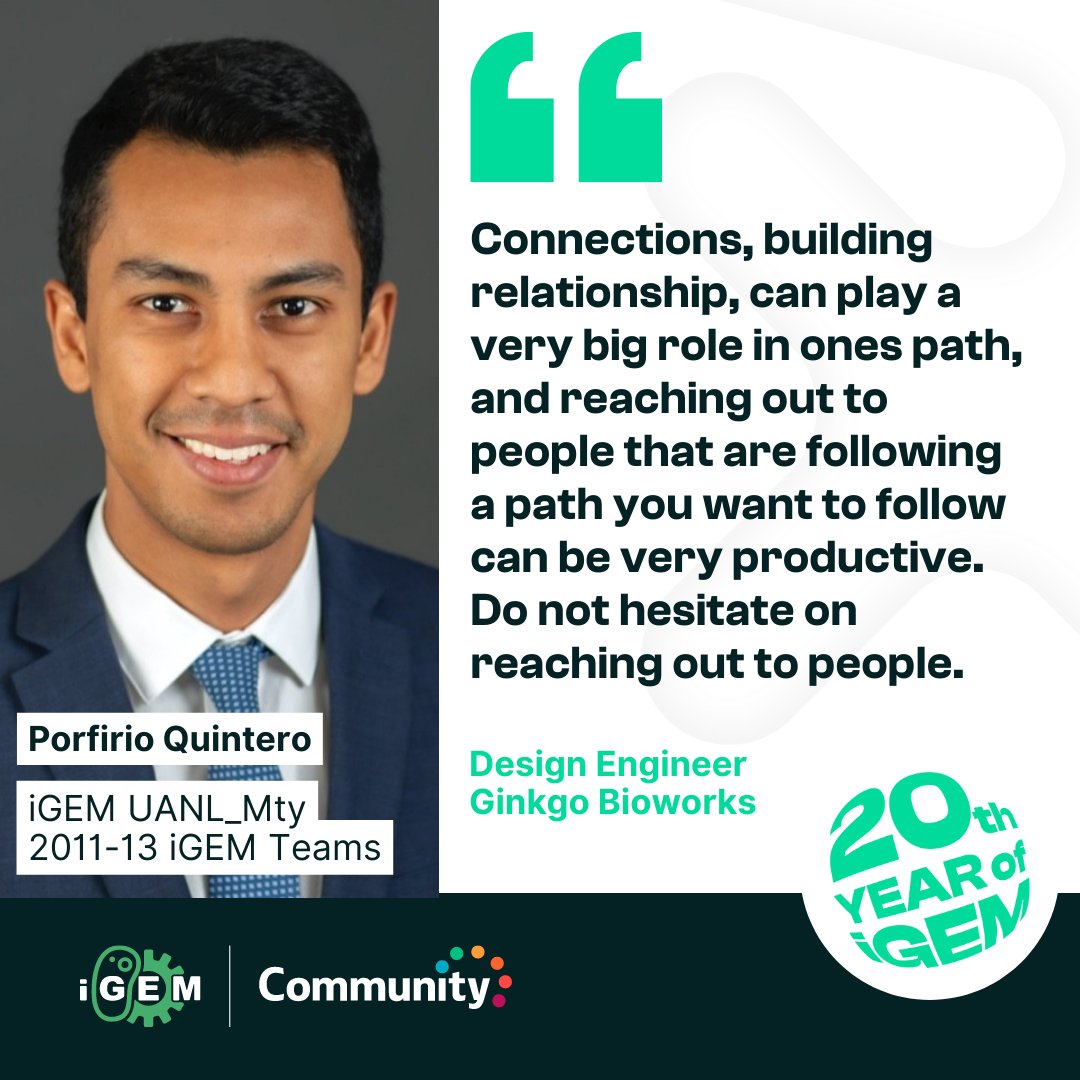 iGEM Community (@igemcommunity) on Twitter photo Gateway to Building Connections and Launching a Career in Synthetic Biology: Porfirio's iGEM Journey
Read about Porfirio's experience after iGEM and his advice on building a career on our blog
community.igem.org/20th-year-of-i…
#20thYearofiGEM Gateway to Building Connections and Launching a Career in Synthetic Biology: Porfirio's iGEM Journey
Read about Porfirio's experience after iGEM and his advice on building a career on our blog
community.igem.org/20th-year-of-i…
#20thYearofiGEM