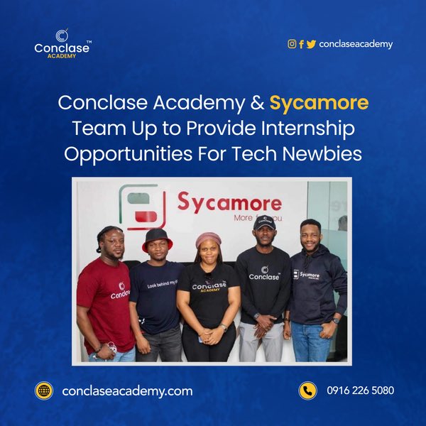 conclaseacademy's tweet image. Excited to announce that Sycamore (@SycamoreNG) has become an internship partner of Conclase Academy. 🤝

Our graduates will be able to gain valuable work experience &amp;amp; contribute to the exciting work at Sycamore.

Congratulations! 🍾

#conclaseacademy #sycamoreng #techinternships