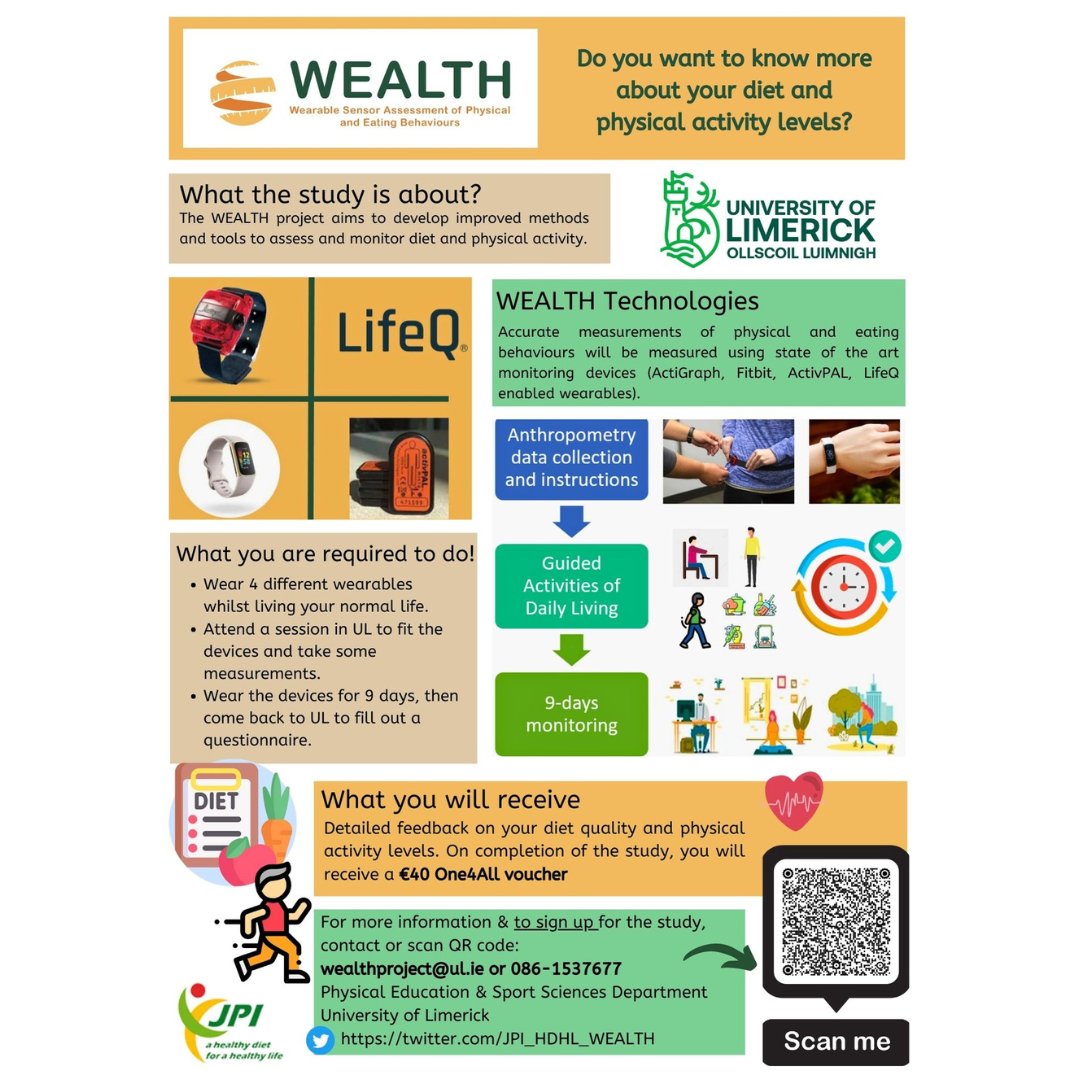 PessLimerick's tweet image. Interested in learning about your diet &amp;amp; physical activity levels?

Assist the @JPI_HDHL_WEALTH in developing improved methods to assess diet &amp;amp; physical activity, and receive a €40 One4All voucher in return.

Read ⬇️ to sign up.

#WEALTHProject #ULResearch #PESSUL #Ireland