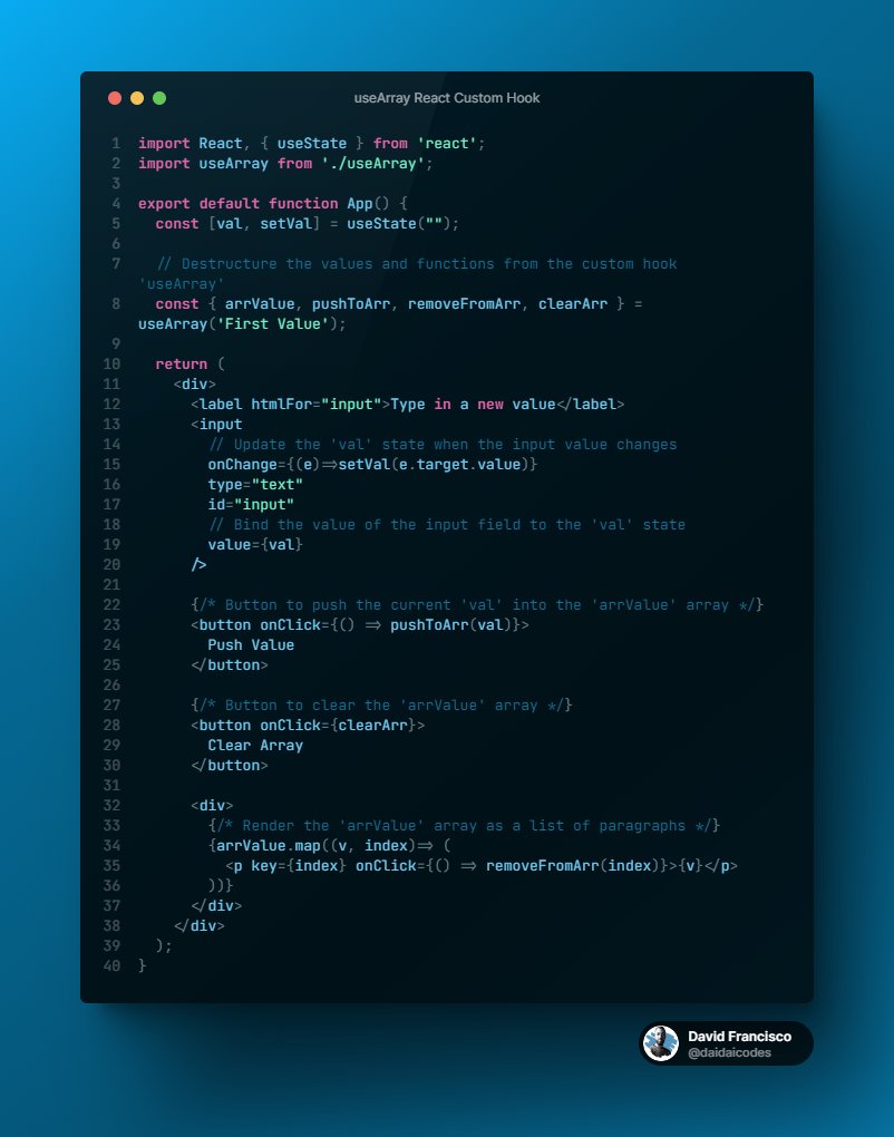 daidaicodes's tweet photo. π£ React Custom Hooks Series: useArray π£
A useArray custom hook is a powerful tool that lets you manipulate an array data structure without needing extra utilities.
#ReactJS #CustomHooks #juniordeveloper #juniordev #reactjsdevelopers #100DaysOfCode #javascript #webdev #Coding https://t.co/jAJOiIHbxW