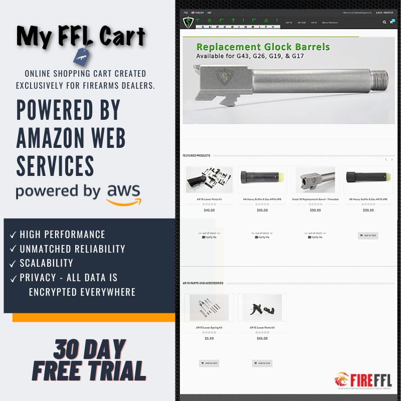 FireFFL's tweet photo. MyFFLCart 🛒 Powered By Amazon Web Services High Performance, Unmatched Reliability, Scalability, and Privacy - All data is encrypted everywhere. Start your 30 day free trial TODAY! #gunstorecart #ecommerceforfirearmdealers #myfflcart #fireffl https://t.co/FCrxBa0sx5 https://t.co/SFQ2Yfjt4N