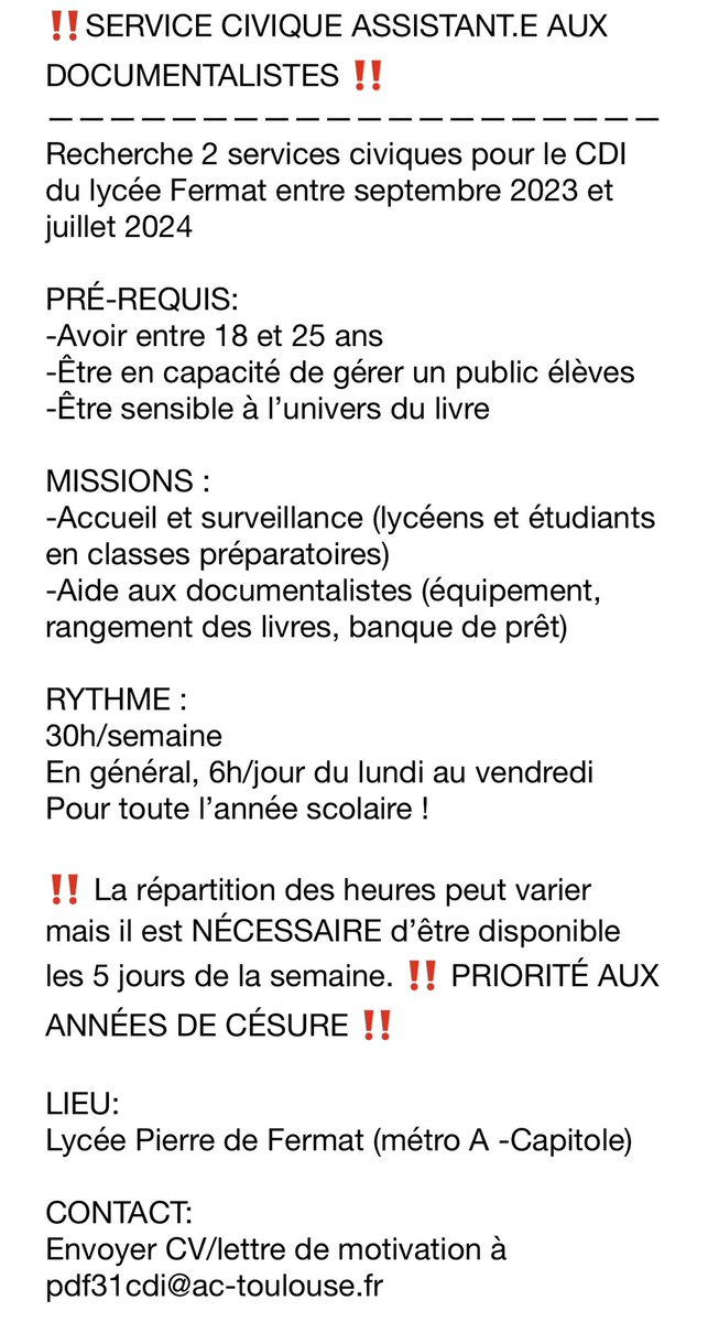 v_kerbellec's tweet photo. Offre d’emploi au CDI du lycée Fermat : 2 postes pour mission de service civique https://t.co/nbZGks4ofF