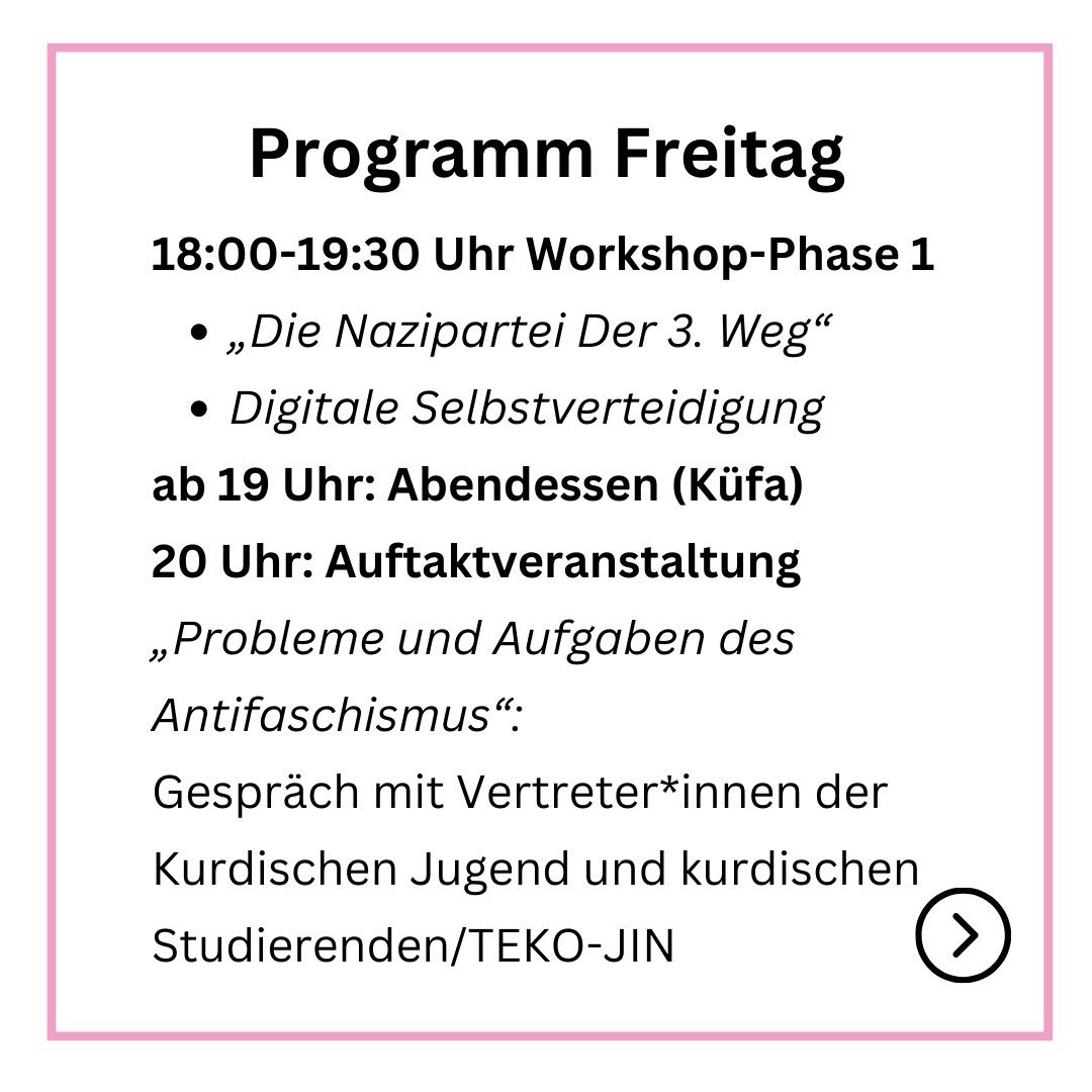 BBgegenRechts's tweet photo. #AfaRatschlag2023. Es folgt eine Programmdurchsage 🤩

Start sind am Freitag 2 Workshops zum „3. Weg“ und digitaler Selbstverteidigung. Anschließend das Auftaktpodium mit Genoss*innen der Kurdischen Jugend &amp; Studierenden/TekoJIN zu Problemen und Aufgaben des Antifaschismus https://t.co/QUDdcCi0Kp