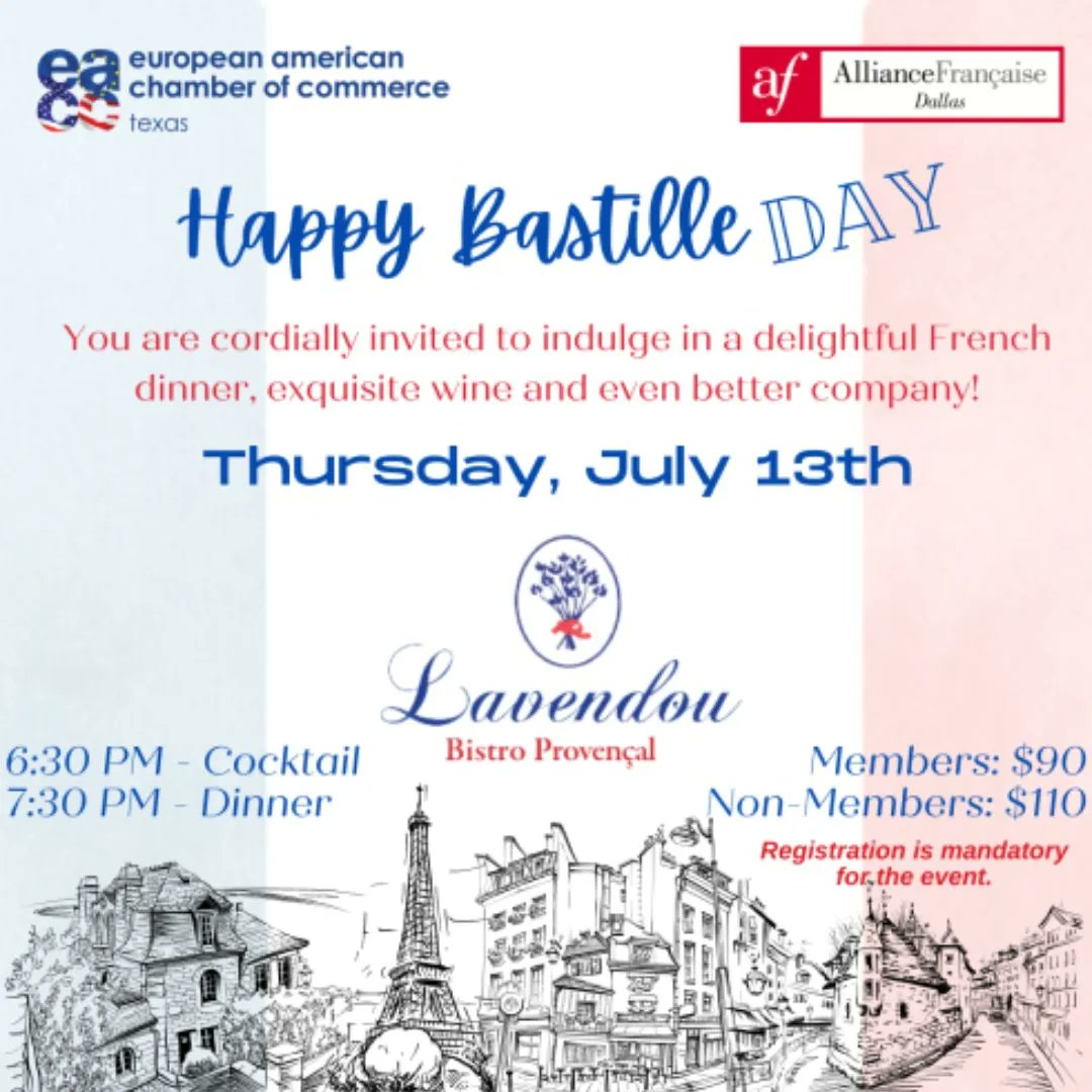 AllianceDallas's tweet photo. [EVENT] 🇫🇷 Enjoy the captivating ambiance of Lavendou Bistro Provencal while tasting French cuisine and toasting to this momentous occasion.

Limited seating available. Reservations are required, so secure your spot today! https://t.co/iECbzGBDpL 

#afdallas #14juillet https://t.co/zmRELoU5xI