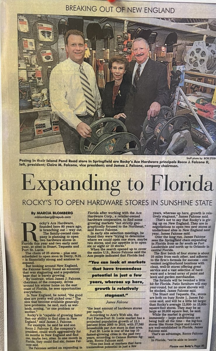 Throwback Thursday to when Rocky's Ace Hardware first expanded to The Sunshine State in 2006. According to Falcone, Florida had "the least amount of hardware stores per capita," so this was the perfect market to expand in. Pictured; Rocco J. Falcone II, Claire M. Falcone,...