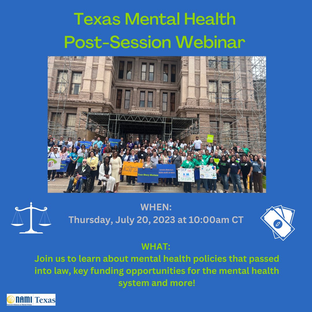 Join NAMI Texas for a free webinar on the mental health policy outcomes from the regular legislative that ended in May 2023. 

This webinar will cover mental health legislation, funding opportunities for the mental health system, &amp; more. #TXLege

Register: ow.ly/JwVK50P4zlg